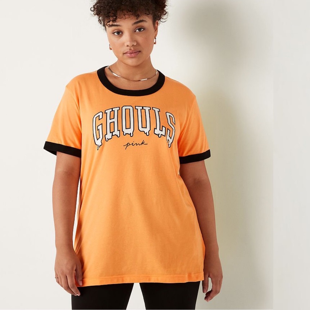 Victoria's Secret PINK Short Sleeve Campus Ringer T-Shirt Halloween Orange M